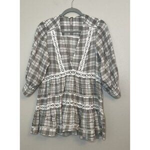 Free People Time Out Plaid Top Womens Size XS Lace Cottagecore Gray Peasant
